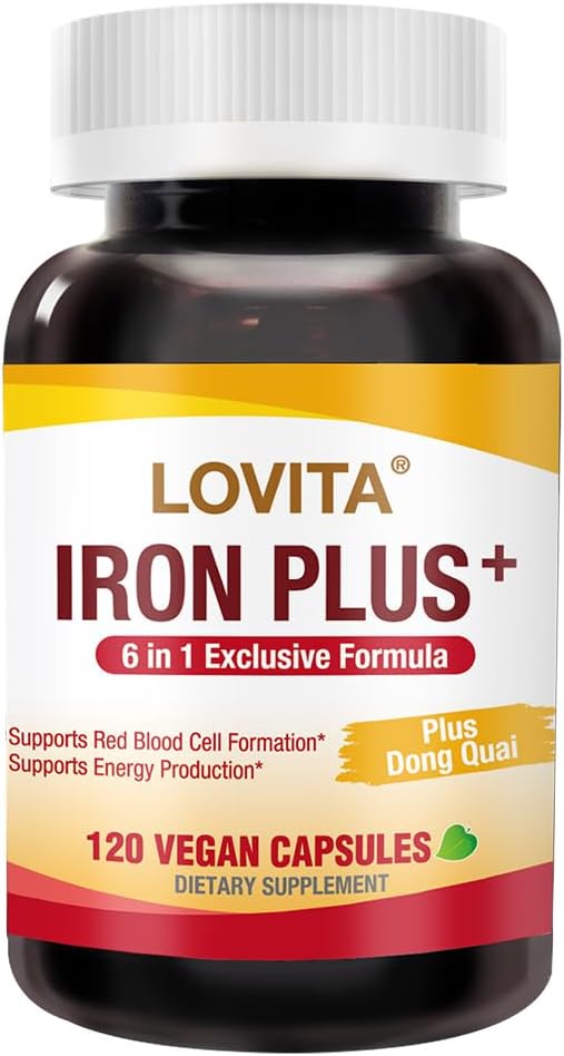 LOVITA Iron Plus, 18 mg, 6 in 1 for Women, Vitamin C, Dong Quai & B12, Support Red Blood Cell Production Without Constipation, 120 Vegan Capsules