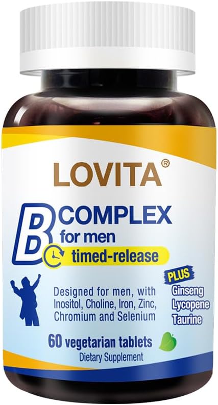 LOVITA Timed-Release B Complex for Men | 8-Hour Energy & Nutrient Metabolism Support with 10 Vitamin Bs, Vegetarian Tablets (60 Count)