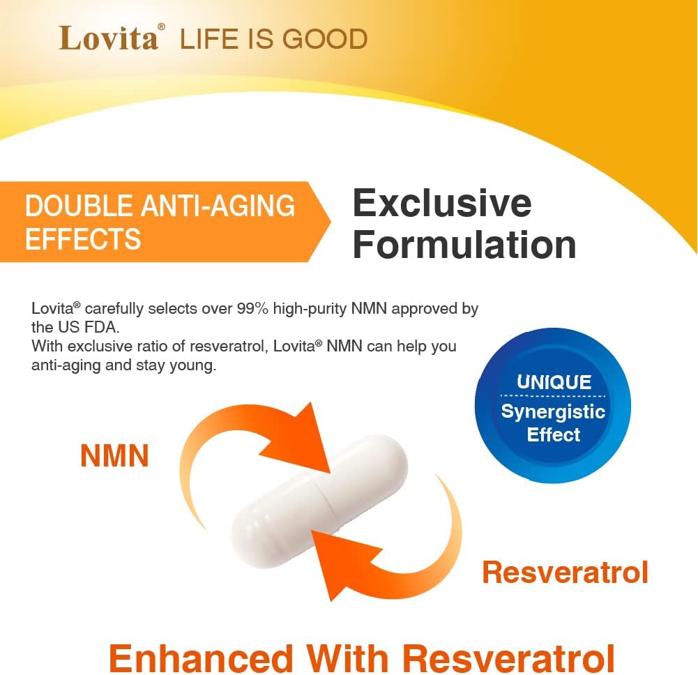 LOVITA NMN 38000+, NMN Supplement with Resveratrol, Nicotinamide Mononucleotide 635 mg per Capsule, High Absorption & Stabilized Form, 99% Purity, for Healthy Aging, 60 Vegan Capsules