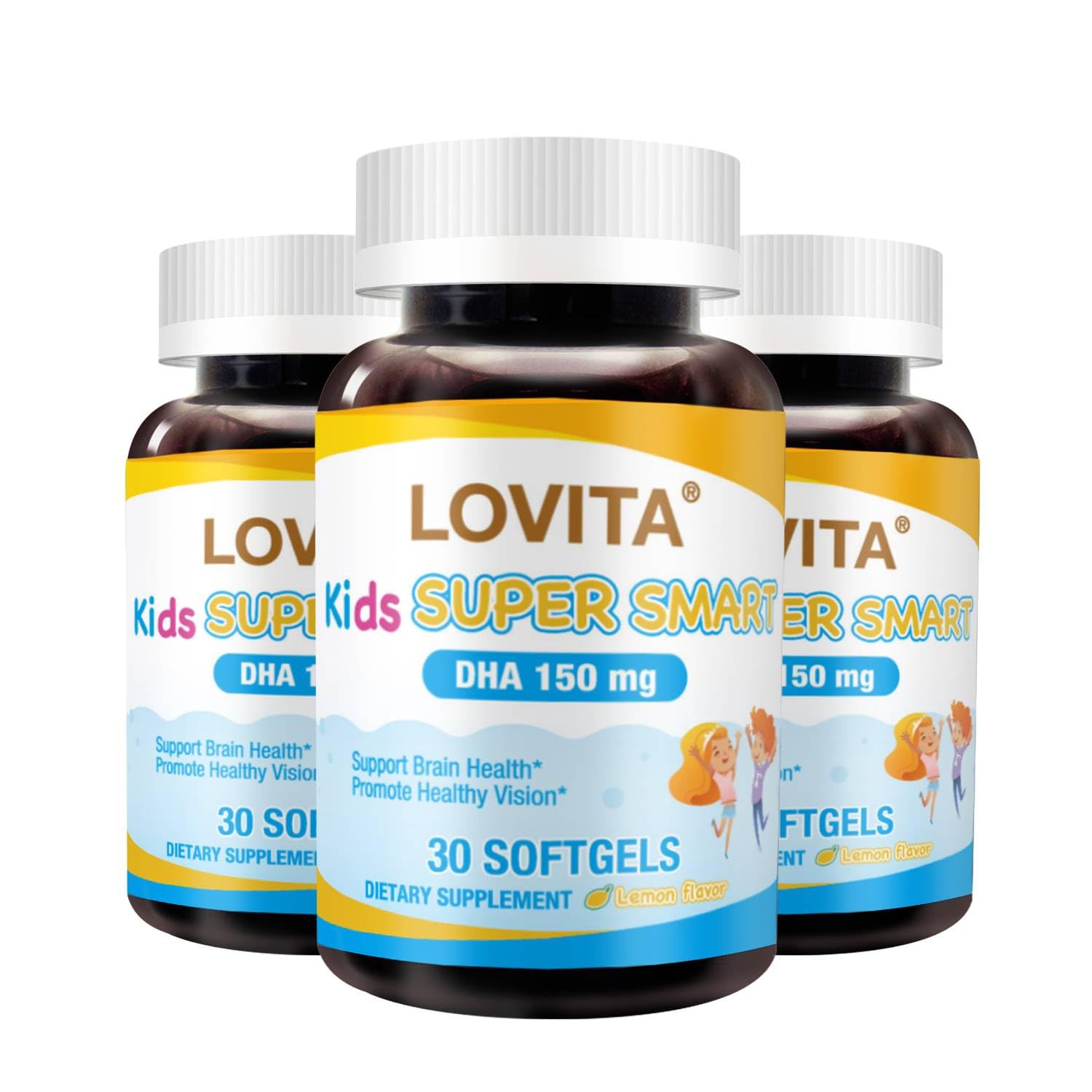 LOVITA Kid’s Super Smart, Omega-3 for Children, 180 mg Total DHA & EPA, Lemon Flavor Fish Oil, Support Brain & Vision Health, 30 Softgels