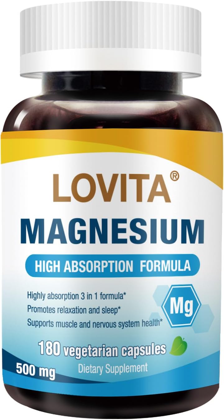 LOVITA Triple Magnesium Complex 500mg, High Absorption and Potency Formula, Glycinate, Citrate & Oxide, Support Sleep, Relaxation, Heart, Nerves & Bone Health, 180 Vegan Capsules
