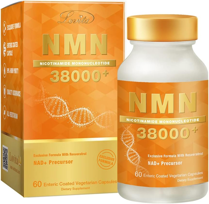 LOVITA NMN 38000+, NMN Supplement with Resveratrol, Nicotinamide Mononucleotide 635 mg per Capsule, High Absorption & Stabilized Form, 99% Purity, for Healthy Aging, 60 Vegan Capsules