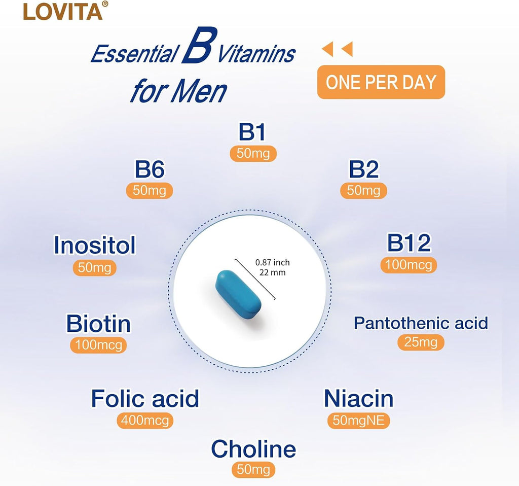LOVITA Timed-Release B Complex for Men | 8-Hour Energy & Nutrient Metabolism Support with 10 Vitamin Bs, Vegetarian Tablets (60 Count)
