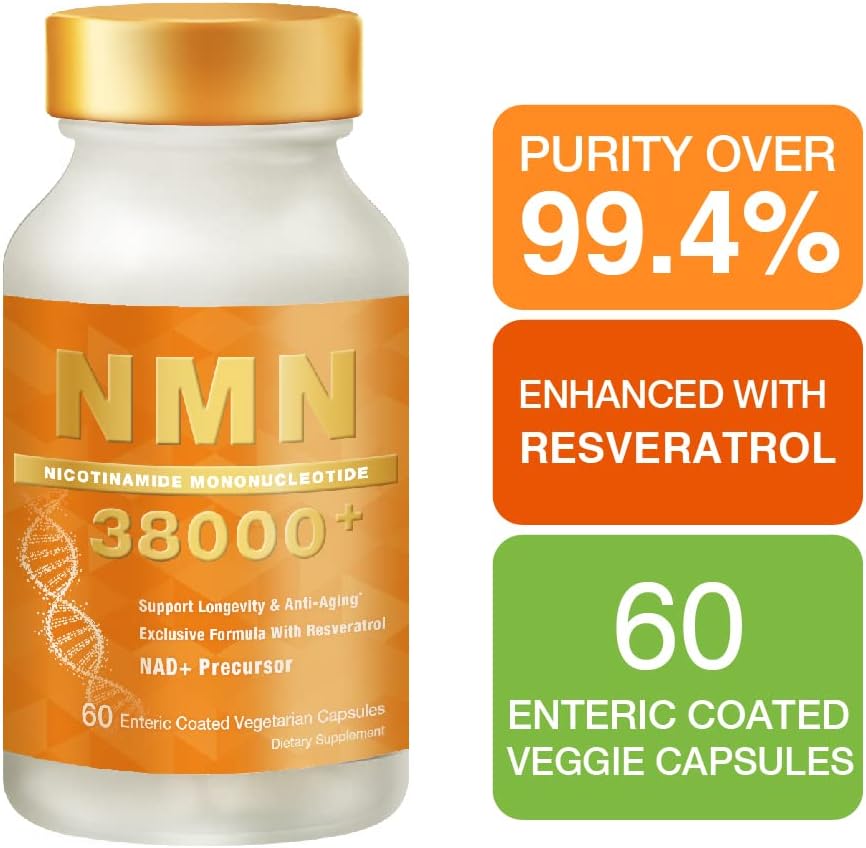 LOVITA NMN 38000+, NMN Supplement with Resveratrol, Nicotinamide Mononucleotide 635 mg per Capsule, High Absorption & Stabilized Form, 99% Purity, for Healthy Aging, 60 Vegan Capsules