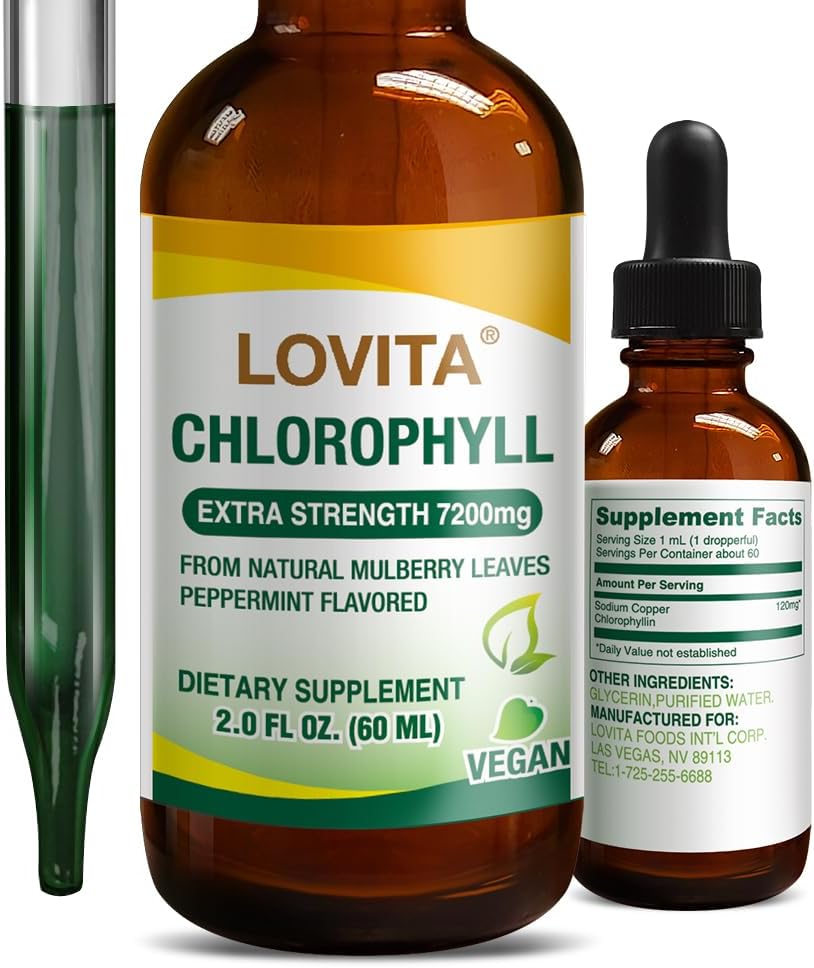 LOVITA Chlorophyll Liquid Drops, High Potency 120 mg/mL, 7,200 mg per Bottle, Natural Energy Booster & Immune Support, Internal Deodorant, Skin Health, Vegan & Non-GMO, Mint Flavor, 60 Servings 2 Oz