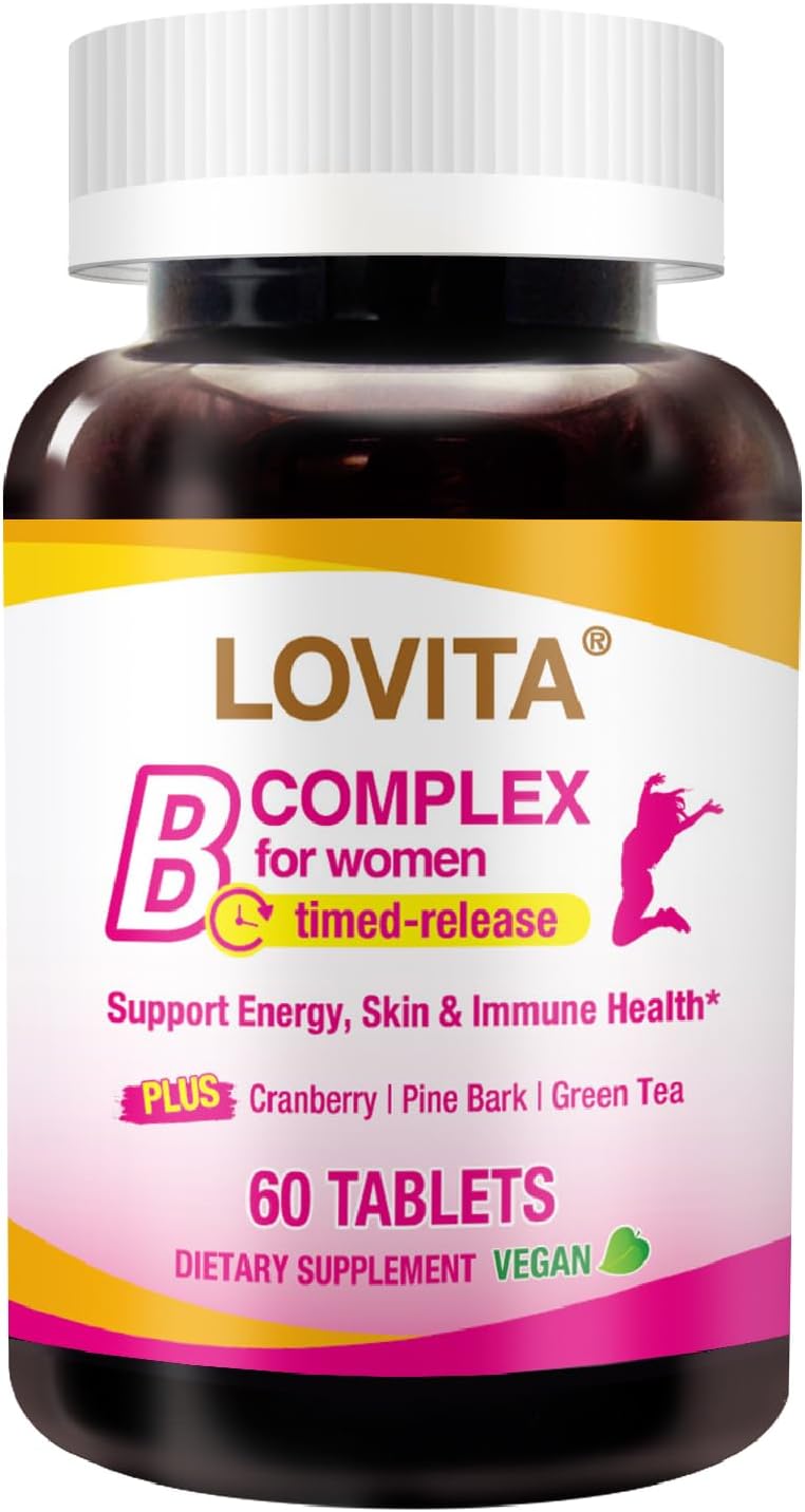 LOVITA B Complex for Women - High Potency Timed Release with Iron, Vitamin C, Cranberry, Pine Bark, Green Tea, 60 Vegan Tablets