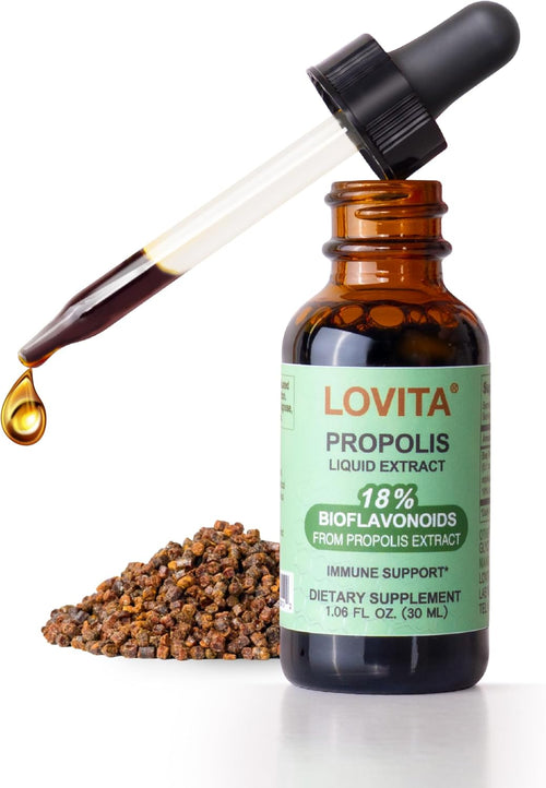 LOVITA Bee Propolis Liquid Extract, 1 Fl Oz (30 mL), 30 Day Supply | 5:1 Resin Drops with 18% Bioflavonoids, Alcohol-Free Antioxidant, Immune Support & Throat Soothing, Gluten-Free, Non-GMO