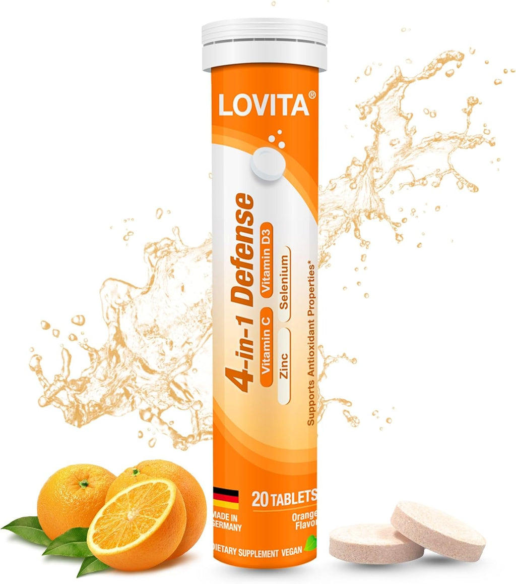 LOVITA 4-in-1 Defense Vitamin C Immune Support Effervescent Tablets 20 Count, VIT D3, Zinc, Selenium, Antioxidant Support, Orange Flavor, Vegan, Gluten-Free, Sugar-Free, Lactose-Free