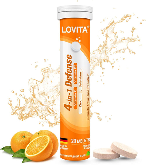 LOVITA 4-in-1 Defense Vitamin C Immune Support Effervescent Tablets 20 Count, VIT D3, Zinc, Selenium, Antioxidant Support, Orange Flavor, Vegan, Gluten-Free, Sugar-Free, Lactose-Free