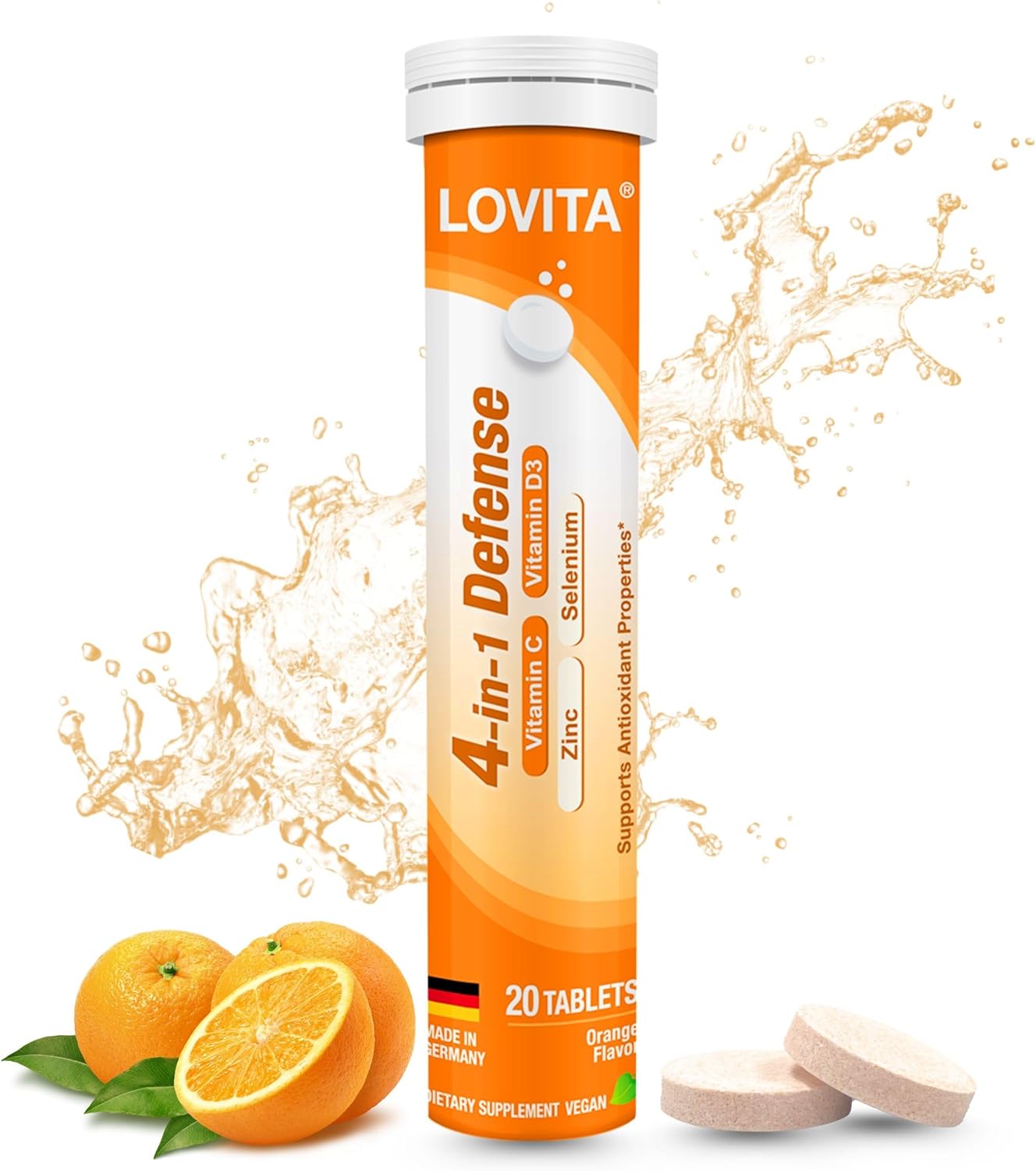 LOVITA 4-in-1 Defense Vitamin C Immune Support Effervescent Tablets 20 Count, VIT D3, Zinc, Selenium, Antioxidant Support, Orange Flavor, Vegan, Gluten-Free, Sugar-Free, Lactose-Free