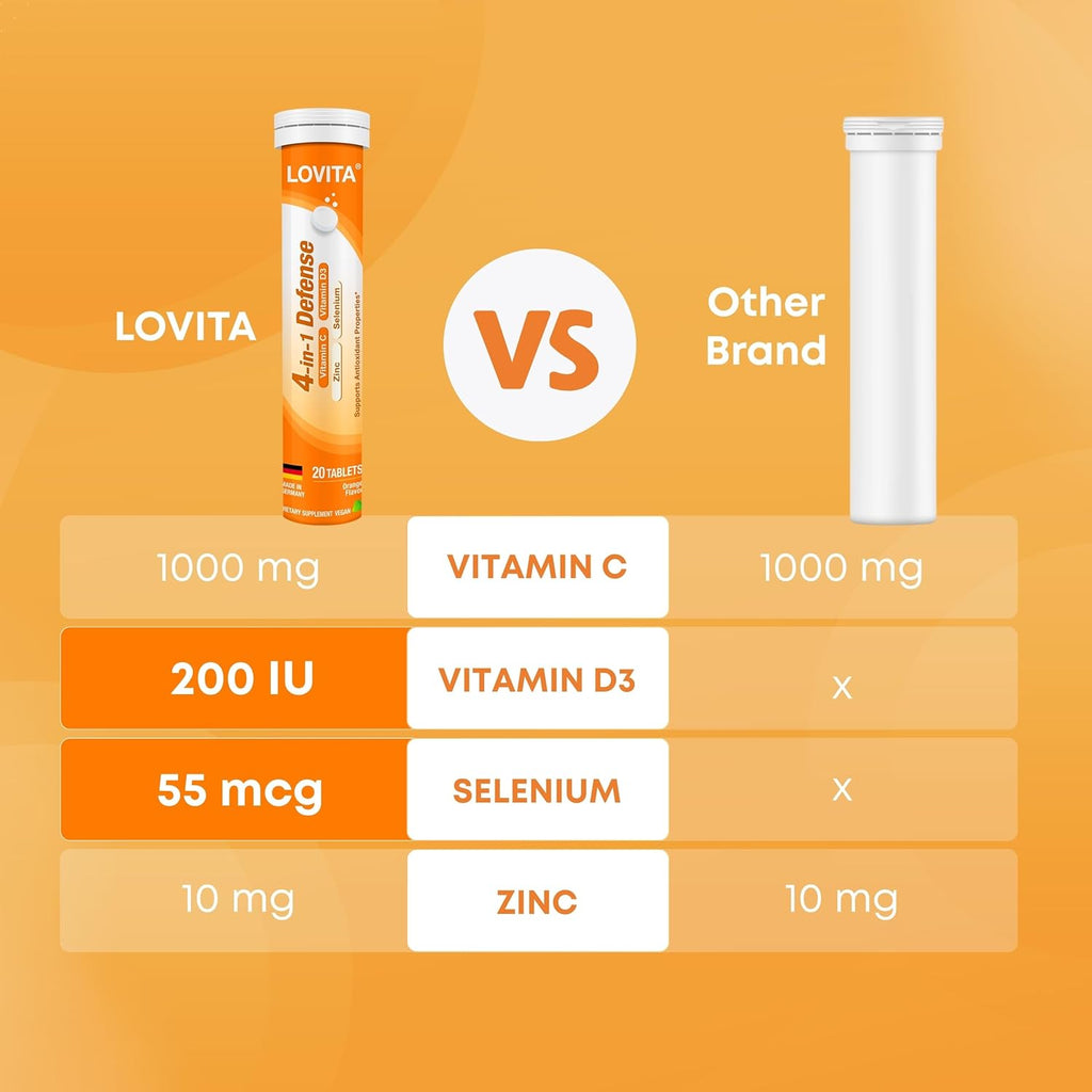 LOVITA 4-in-1 Defense Vitamin C Immune Support Effervescent Tablets 20 Count, VIT D3, Zinc, Selenium, Antioxidant Support, Orange Flavor, Vegan, Gluten-Free, Sugar-Free, Lactose-Free