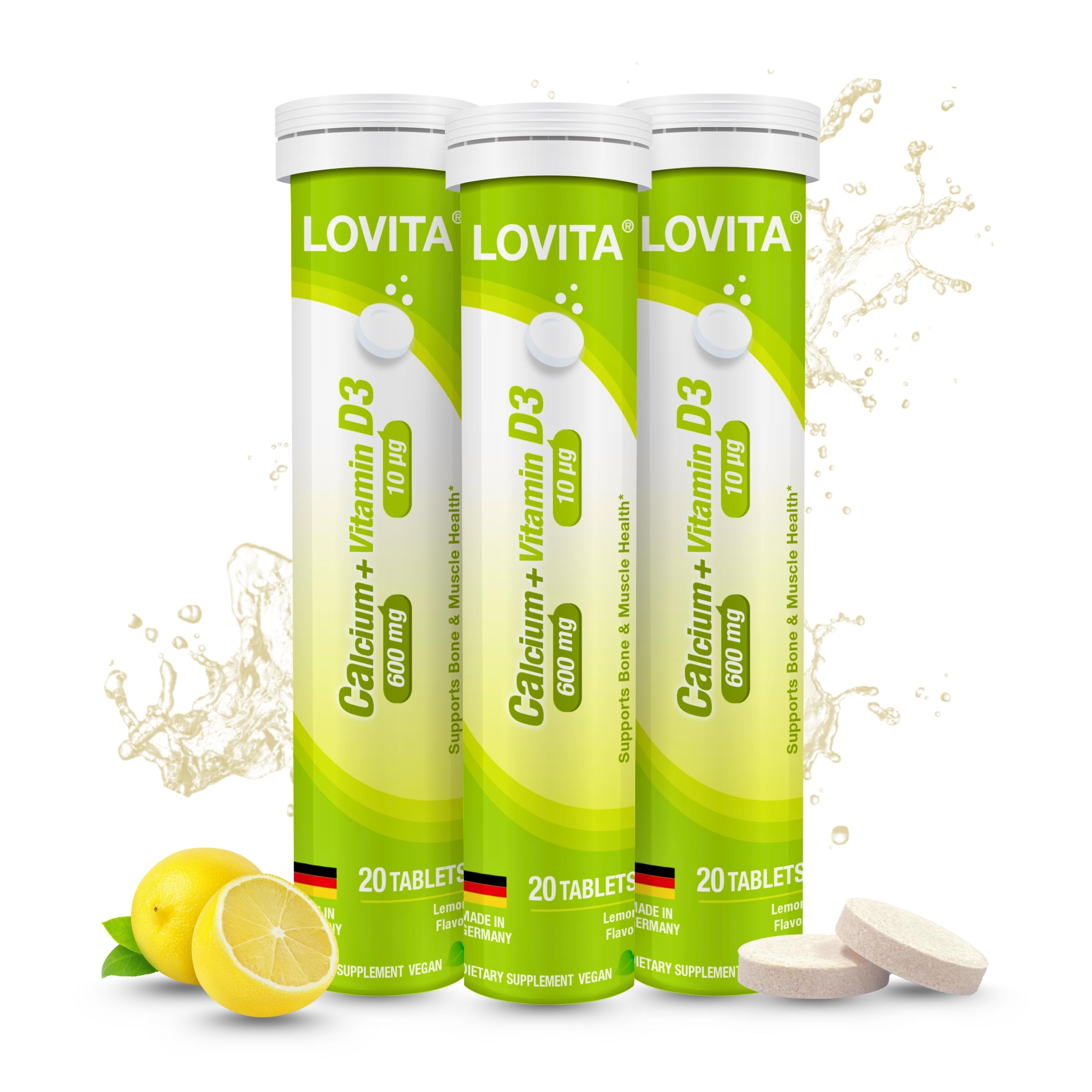 LOVITA Calcium + VIT D3 Effervescent Tablets 20 Count, 600 mg Calcium with 400IU D3, Supports Bone & Muscle Health, Lemon Flavor, Vegan, Gluten-Free, Sugar-Free, Lactose-Free
