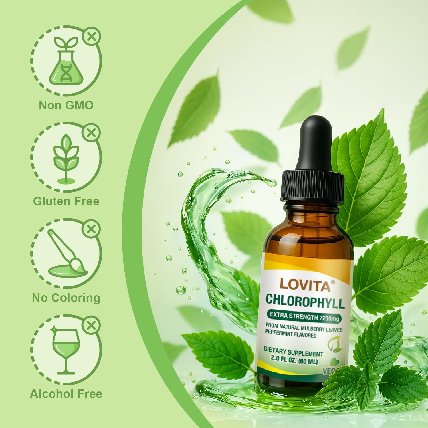 LOVITA Chlorophyll Liquid Drops, High Potency 120 mg/mL, 7,200 mg per Bottle, Natural Energy Booster & Immune Support, Internal Deodorant, Skin Health, Vegan & Non-GMO, Mint Flavor, 60 Servings 2 Oz
