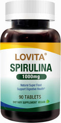 LOVITA Spirulina 1000 mg Tablets, Vegan Superfood, Supergreens, Non-GMO, with Vitamins, Minerals and GLA (Gamma-Linolenic Acid), Double Strength, Gluten-Free, 90 Count