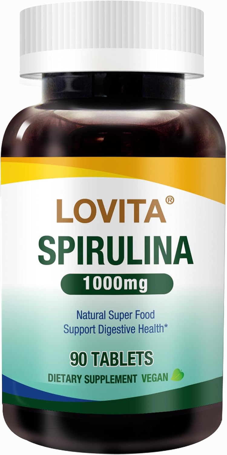 LOVITA Spirulina 1000 mg Tablets, Vegan Superfood, Supergreens, Non-GMO, with Vitamins, Minerals and GLA (Gamma-Linolenic Acid), Double Strength, Gluten-Free, 90 Count