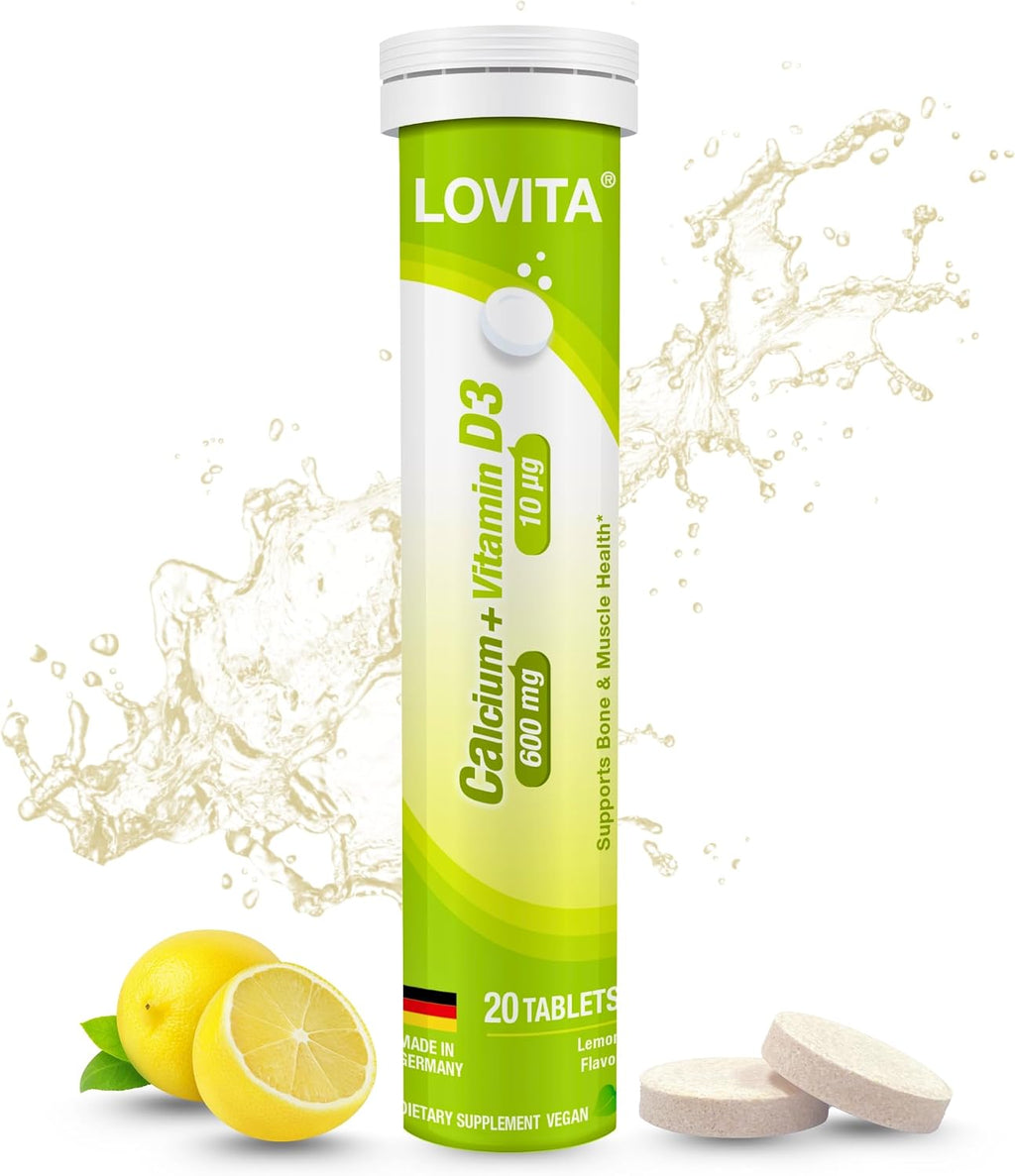 LOVITA Calcium + VIT D3 Effervescent Tablets 20 Count, 600 mg Calcium with 400IU D3, Supports Bone & Muscle Health, Lemon Flavor, Vegan, Gluten-Free, Sugar-Free, Lactose-Free