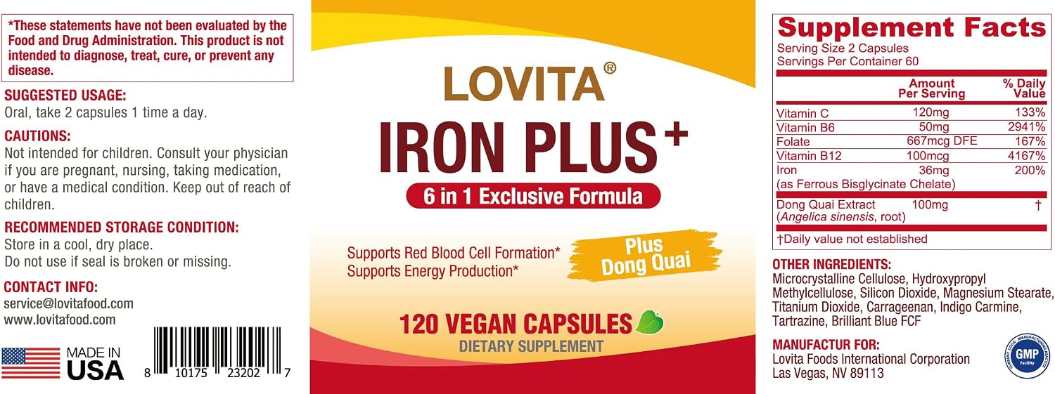 LOVITA Iron Plus, 18 mg, 6 in 1 for Women, Vitamin C, Dong Quai & B12, Support Red Blood Cell Production Without Constipation, 120 Vegan Capsules