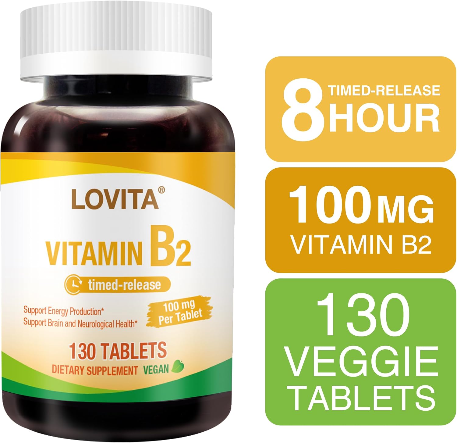 LOVITA Vitamin B2 (Riboflavin) 100mg, Timed Release, 8 Hours Sustained, Support Metabolism & Nerve Health, 130 Vegan Tablet