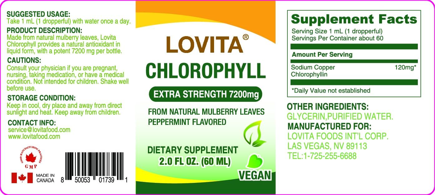 LOVITA Chlorophyll Liquid Drops, High Potency 120 mg/mL, 7,200 mg per Bottle, Natural Energy Booster & Immune Support, Internal Deodorant, Skin Health, Vegan & Non-GMO, Mint Flavor, 60 Servings 2 Oz