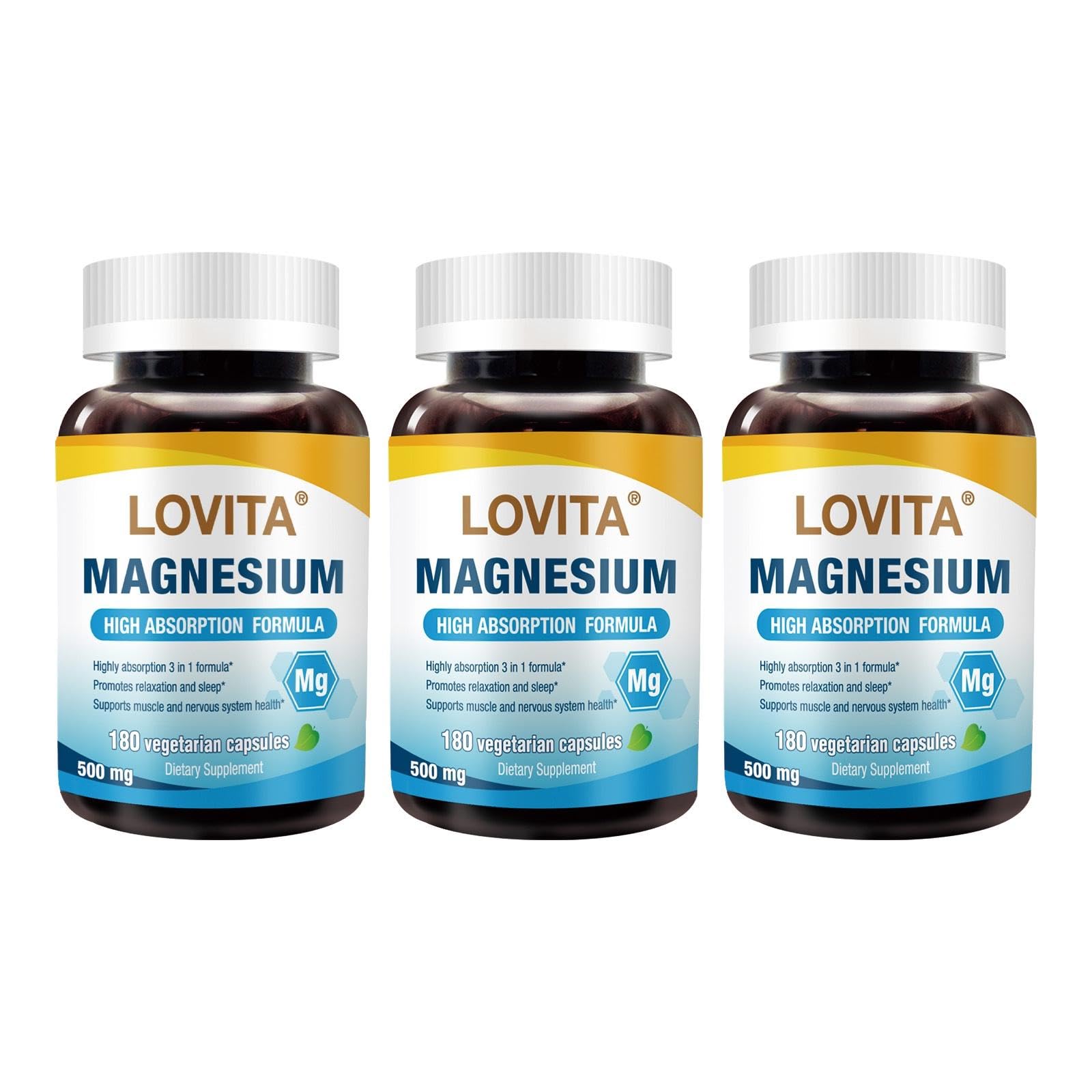 LOVITA Triple Magnesium Complex 500mg, High Absorption and Potency Formula, Glycinate, Citrate & Oxide, Support Sleep, Relaxation, Heart, Nerves & Bone Health, 180 Vegan Capsules