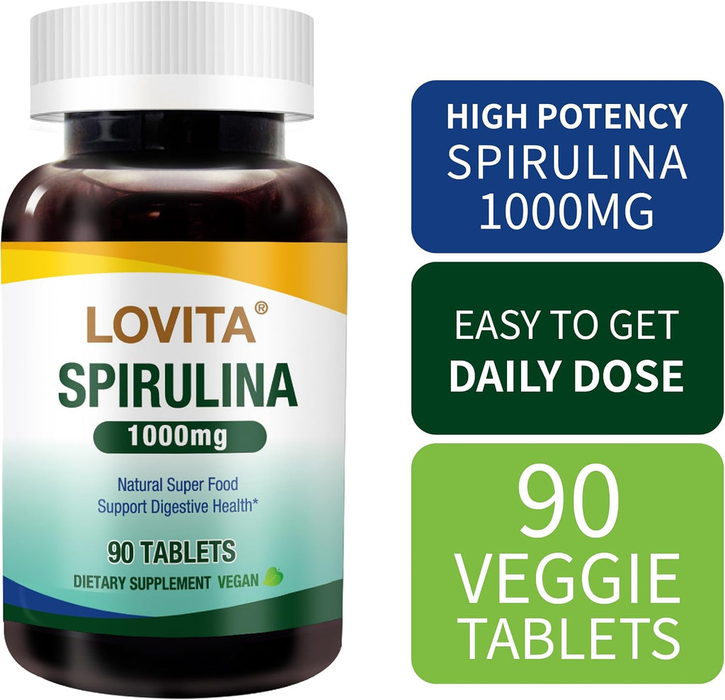 LOVITA Spirulina 1000 mg Tablets, Vegan Superfood, Supergreens, Non-GMO, with Vitamins, Minerals and GLA (Gamma-Linolenic Acid), Double Strength, Gluten-Free, 90 Count