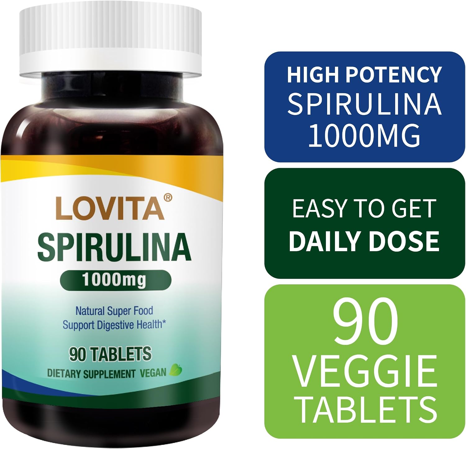 LOVITA Spirulina 1000 mg Tablets, Vegan Superfood, Supergreens, Non-GMO, with Vitamins, Minerals and GLA (Gamma-Linolenic Acid), Double Strength, Gluten-Free, 90 Count