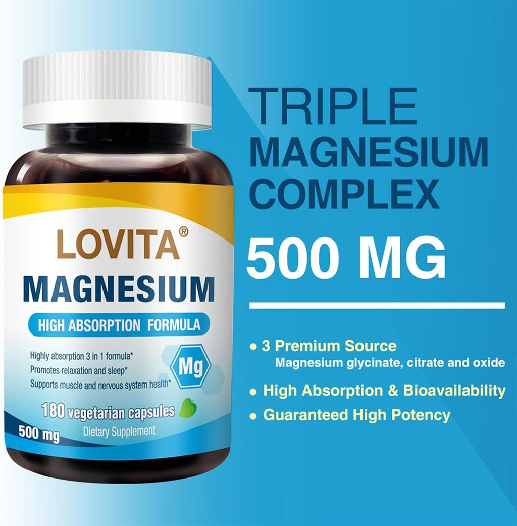 LOVITA Triple Magnesium Complex 500mg, High Absorption and Potency Formula, Glycinate, Citrate & Oxide, Support Sleep, Relaxation, Heart, Nerves & Bone Health, 180 Vegan Capsules