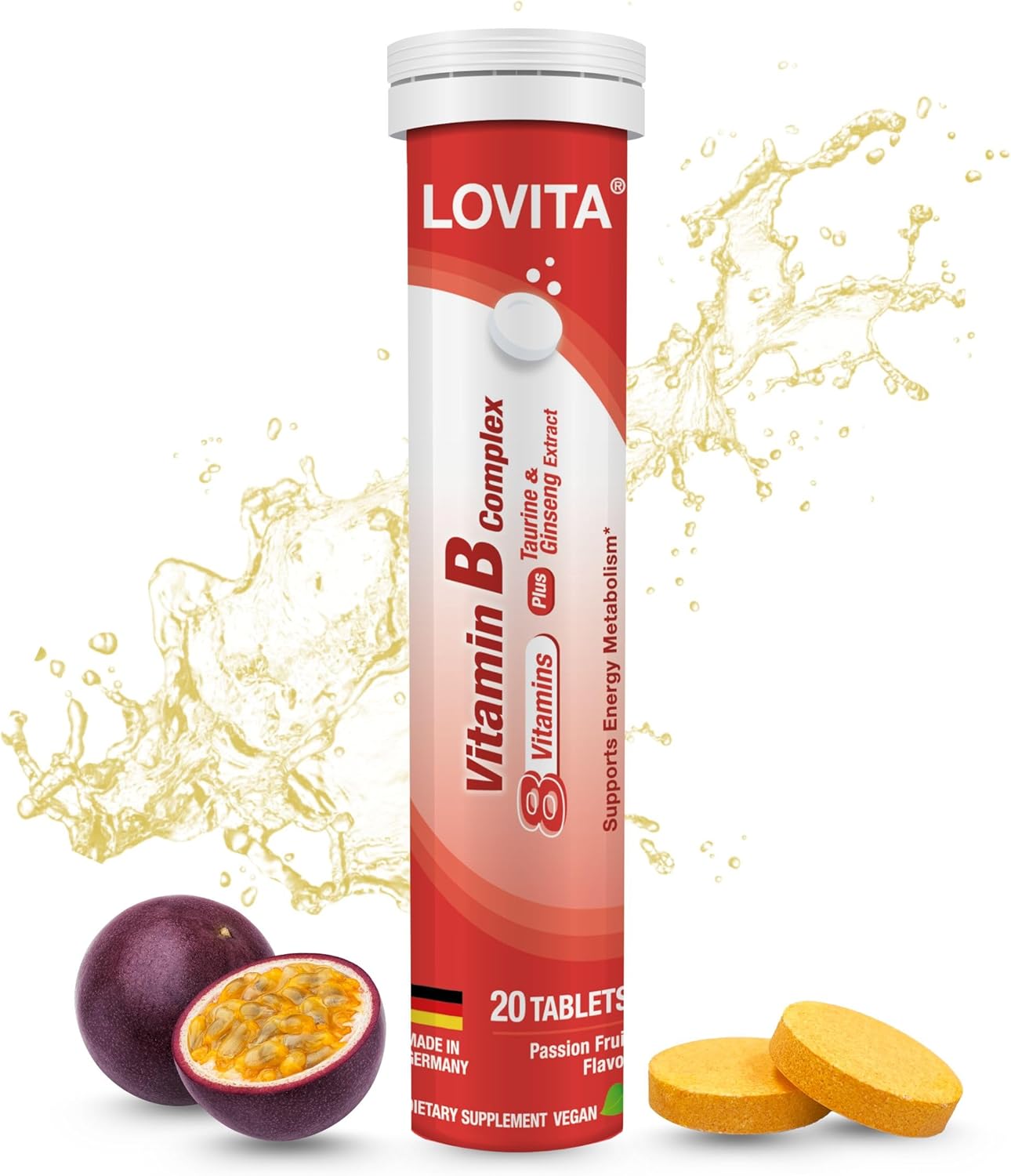 LOVITA Vitamin B Complex Effervescent Tablets 20 Count, Plus Taurine & Ginseng Extract, Supports Energy Metabolism, Passion Fruit Flavor, Vegan, Gluten-Free, Sugar-Free, Caffeine-Free