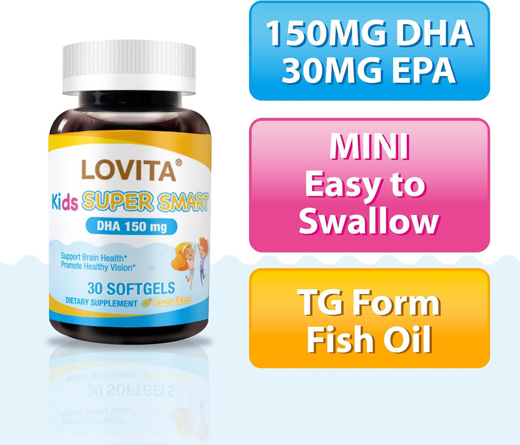 LOVITA Kid’s Super Smart, Omega-3 for Children, 180 mg Total DHA & EPA, Lemon Flavor Fish Oil, Support Brain & Vision Health, 30 Softgels