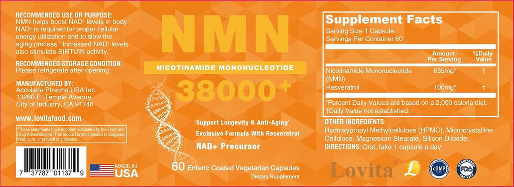 LOVITA NMN 38000+, NMN Supplement with Resveratrol, Nicotinamide Mononucleotide 635 mg per Capsule, High Absorption & Stabilized Form, 99% Purity, for Healthy Aging, 60 Vegan Capsules
