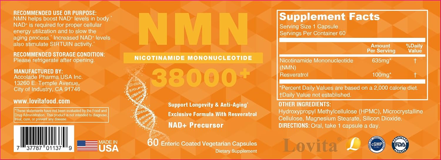 LOVITA NMN 38000+, NMN Supplement with Resveratrol, Nicotinamide Mononucleotide 635 mg per Capsule, High Absorption & Stabilized Form, 99% Purity, for Healthy Aging, 60 Vegan Capsules