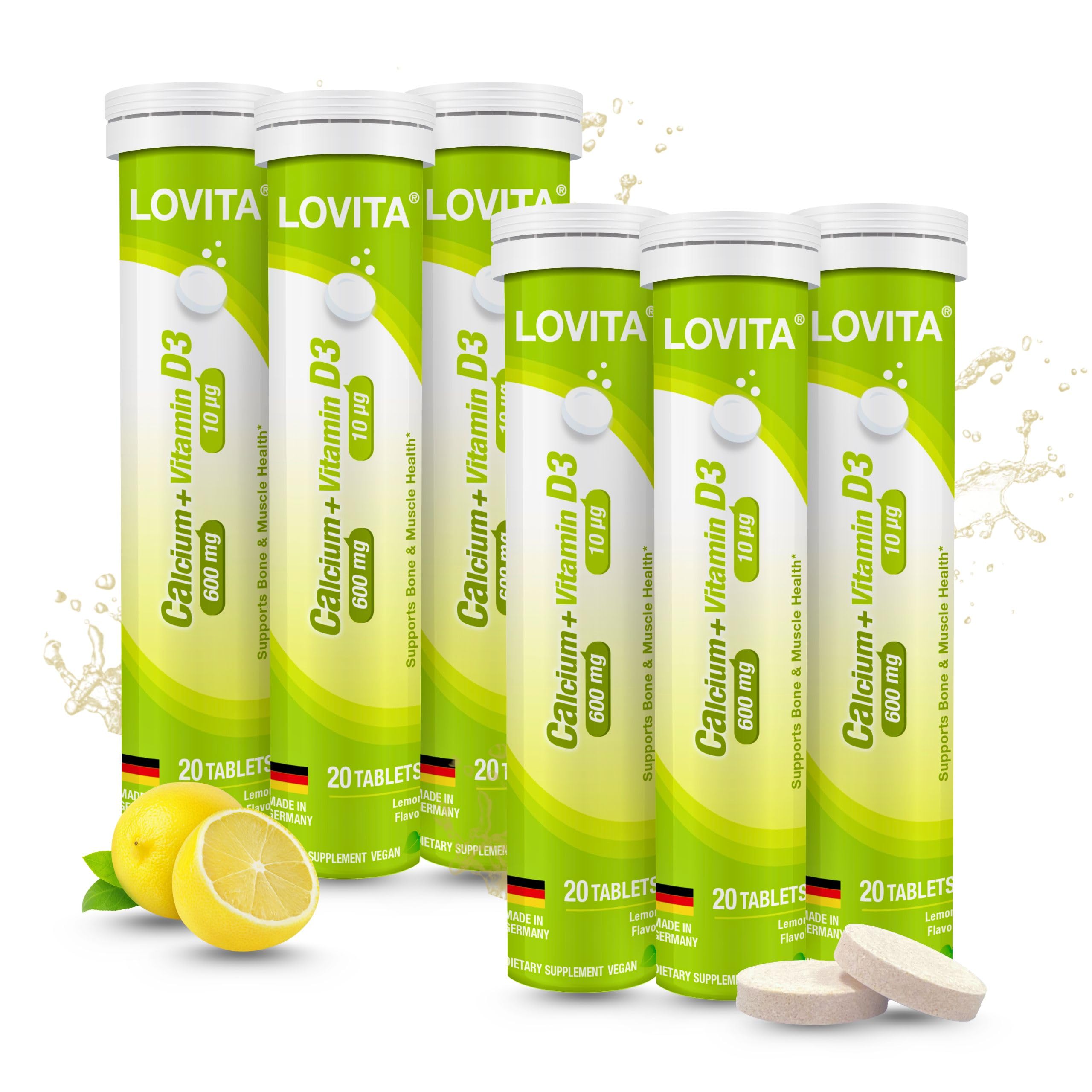 LOVITA Calcium + VIT D3 Effervescent Tablets 20 Count, 600 mg Calcium with 400IU D3, Supports Bone & Muscle Health, Lemon Flavor, Vegan, Gluten-Free, Sugar-Free, Lactose-Free
