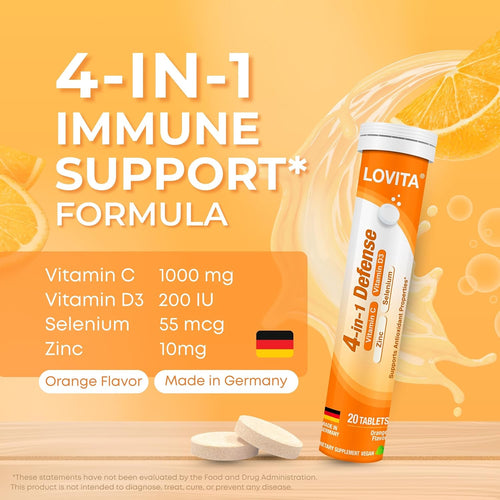LOVITA 4-in-1 Defense Vitamin C Immune Support Effervescent Tablets 20 Count, VIT D3, Zinc, Selenium, Antioxidant Support, Orange Flavor, Vegan, Gluten-Free, Sugar-Free, Lactose-Free