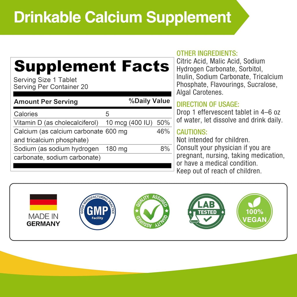 LOVITA Calcium + VIT D3 Effervescent Tablets 20 Count, 600 mg Calcium with 400IU D3, Supports Bone & Muscle Health, Lemon Flavor, Vegan, Gluten-Free, Sugar-Free, Lactose-Free