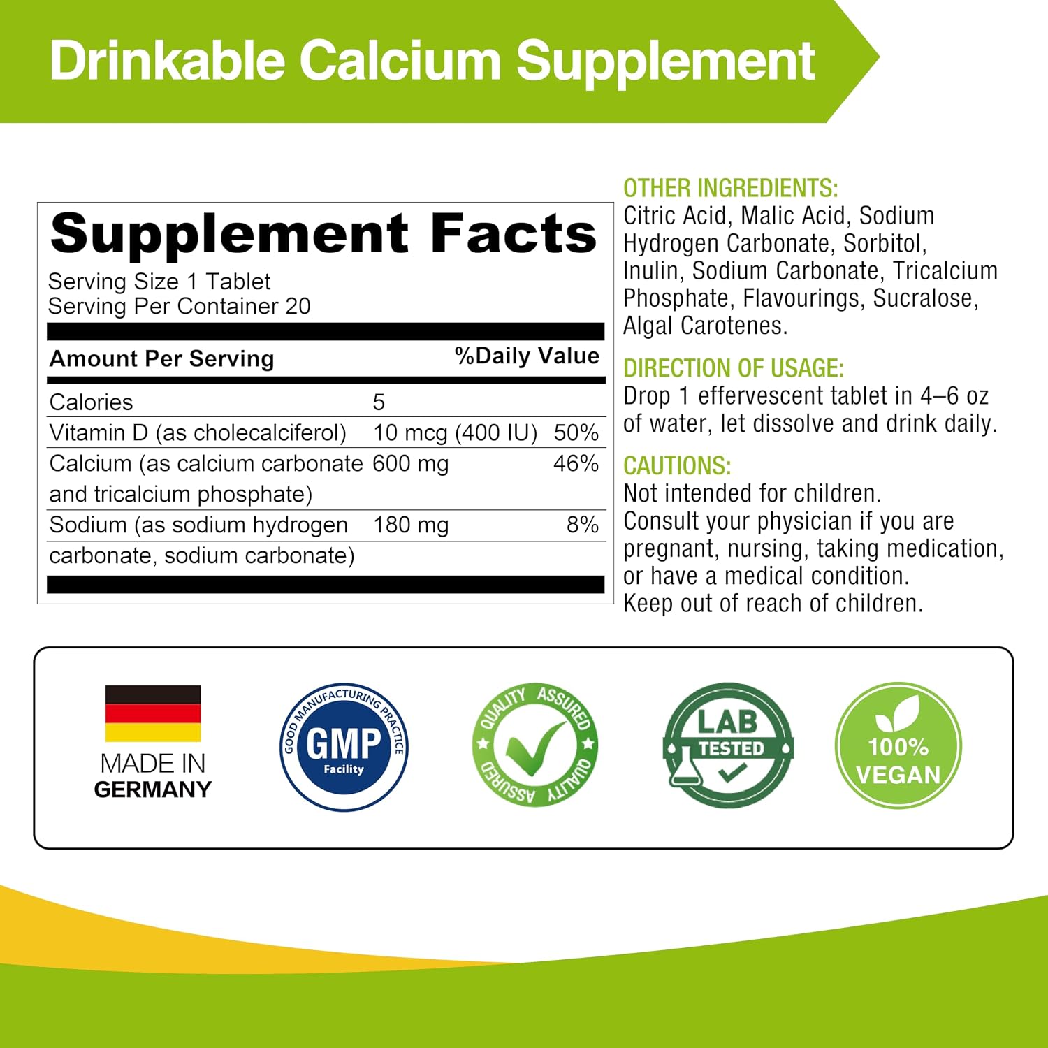LOVITA Calcium + VIT D3 Effervescent Tablets 20 Count, 600 mg Calcium with 400IU D3, Supports Bone & Muscle Health, Lemon Flavor, Vegan, Gluten-Free, Sugar-Free, Lactose-Free