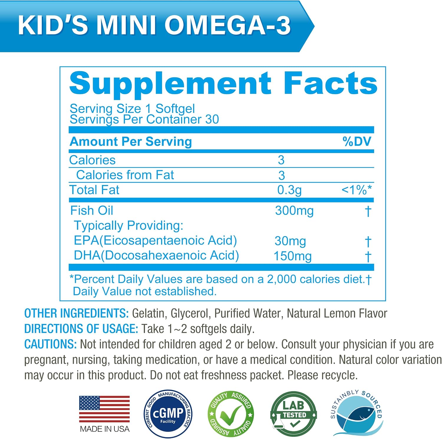 LOVITA Kid’s Super Smart, Omega-3 for Children, 180 mg Total DHA & EPA, Lemon Flavor Fish Oil, Support Brain & Vision Health, 30 Softgels