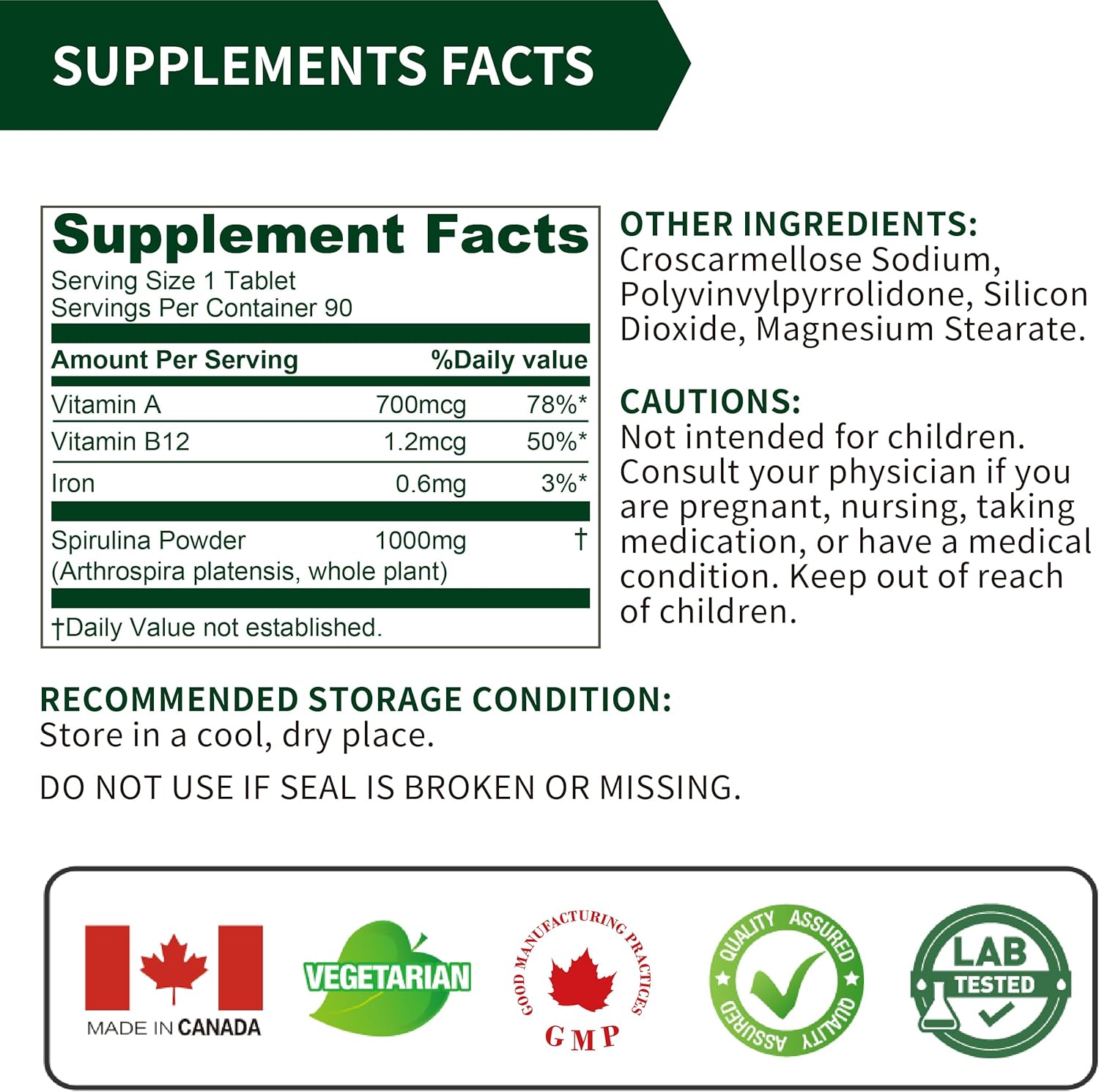 LOVITA Spirulina 1000 mg Tablets, Vegan Superfood, Supergreens, Non-GMO, with Vitamins, Minerals and GLA (Gamma-Linolenic Acid), Double Strength, Gluten-Free, 90 Count