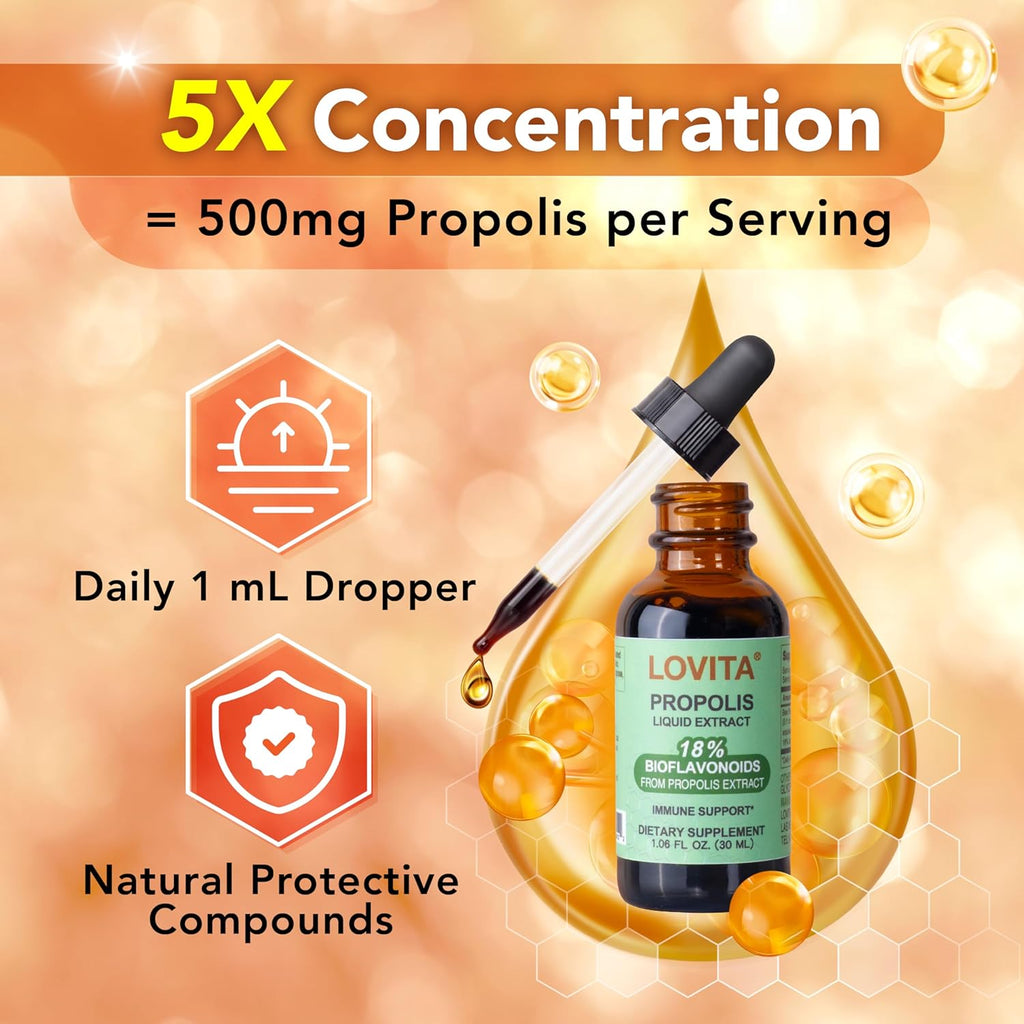 LOVITA Bee Propolis Liquid Extract, 1 Fl Oz (30 mL), 30 Day Supply | 5:1 Resin Drops with 18% Bioflavonoids, Alcohol-Free Antioxidant, Immune Support & Throat Soothing, Gluten-Free, Non-GMO