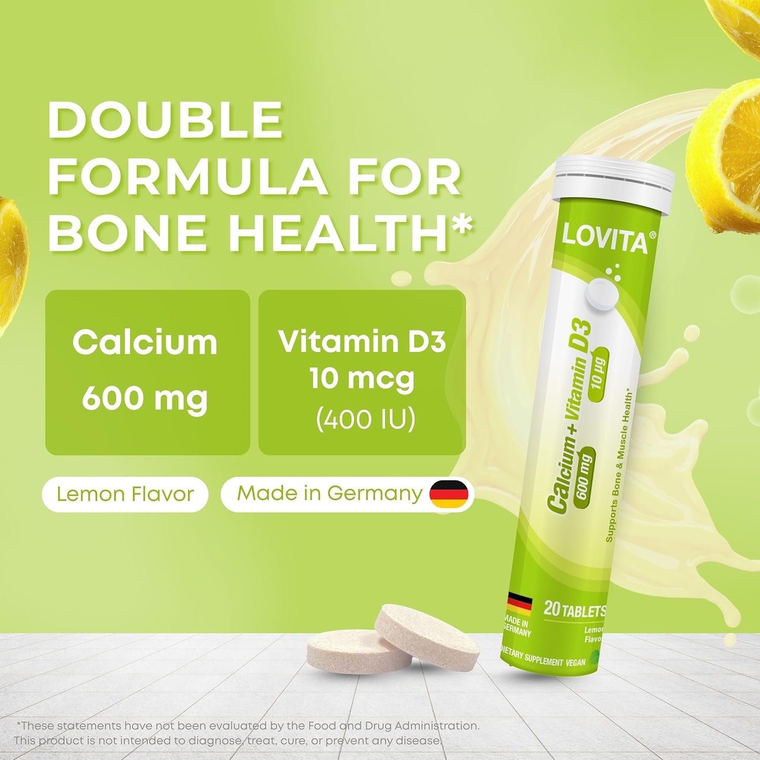 LOVITA Calcium + VIT D3 Effervescent Tablets 20 Count, 600 mg Calcium with 400IU D3, Supports Bone & Muscle Health, Lemon Flavor, Vegan, Gluten-Free, Sugar-Free, Lactose-Free