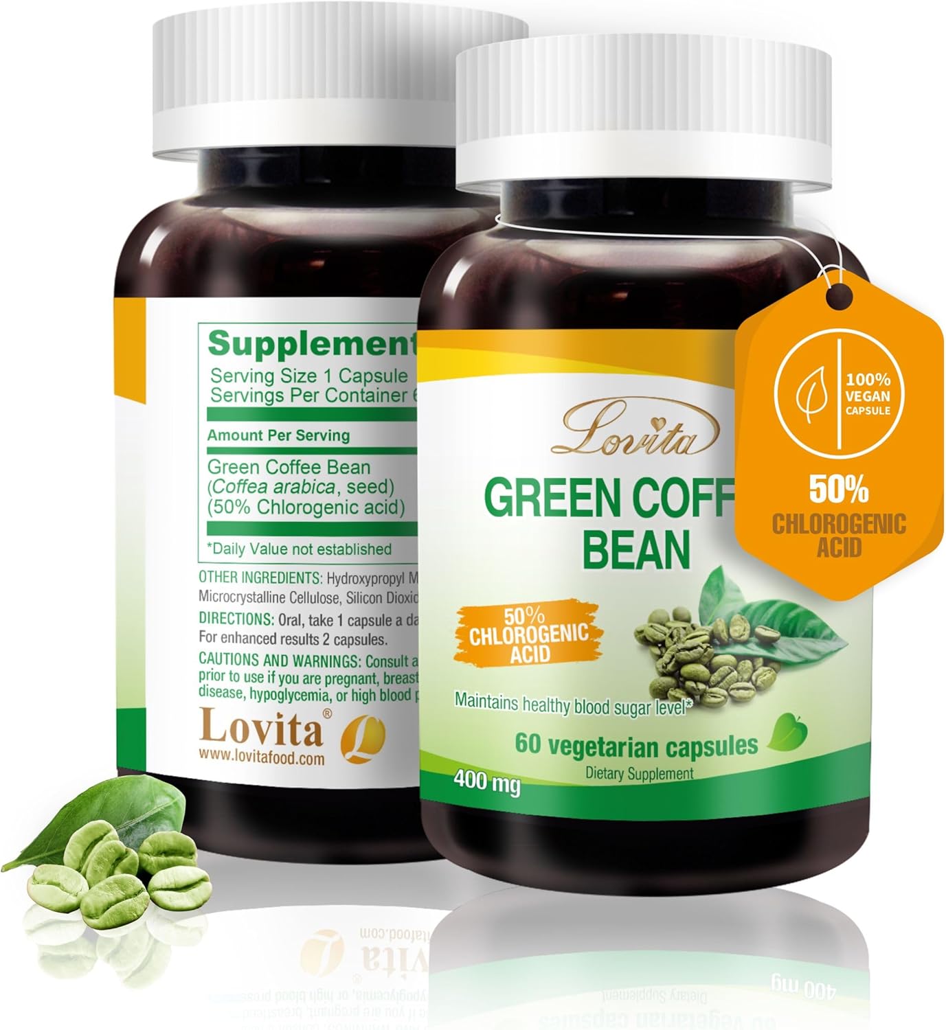 LOVITA Green Coffee Bean Extract, Standardized to 50% Chlorogenic Acids, 4:1 Concentrated for Metabolism, Natural Antioxidant & Size-Reduction Support, Plant-Based, 60 Vegan Capsules