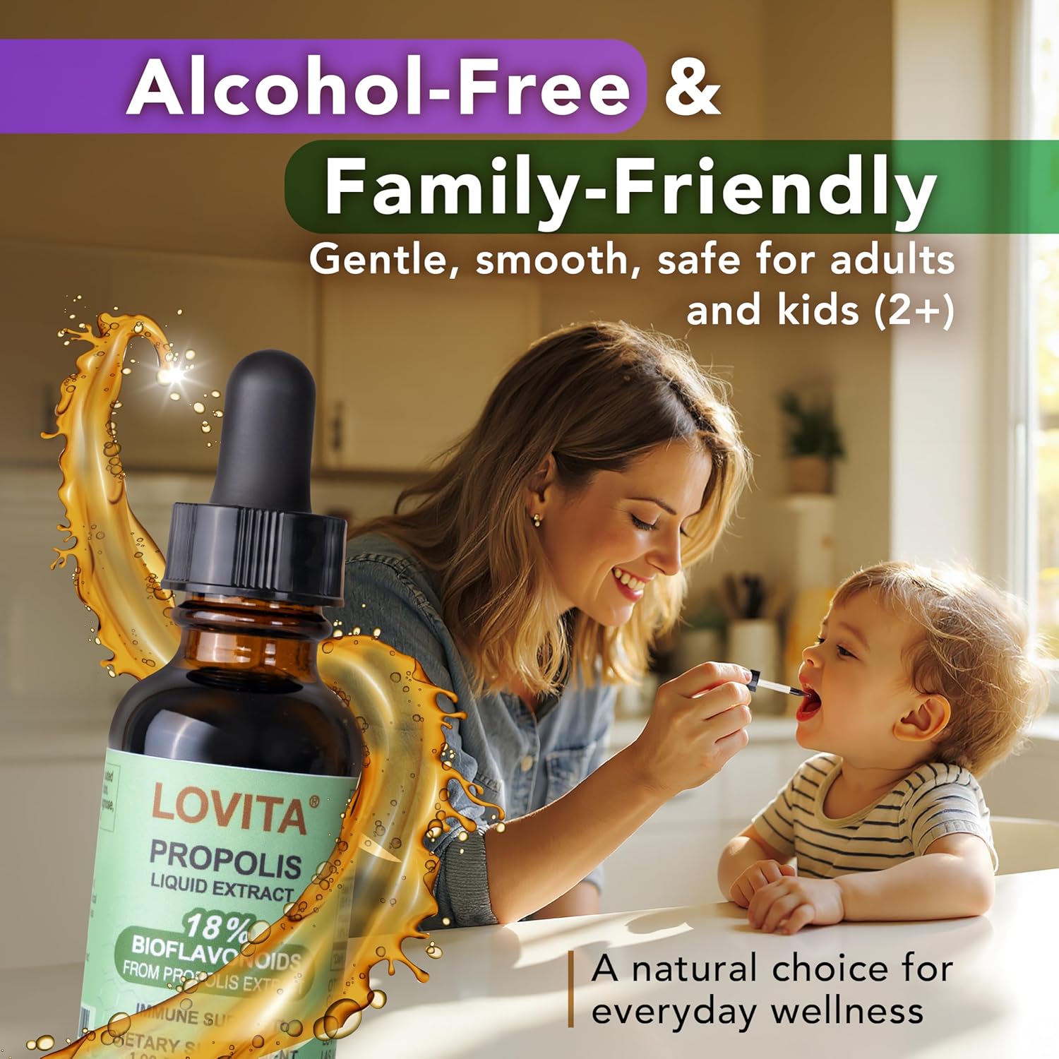 LOVITA Bee Propolis Liquid Extract, 1 Fl Oz (30 mL), 30 Day Supply | 5:1 Resin Drops with 18% Bioflavonoids, Alcohol-Free Antioxidant, Immune Support & Throat Soothing, Gluten-Free, Non-GMO