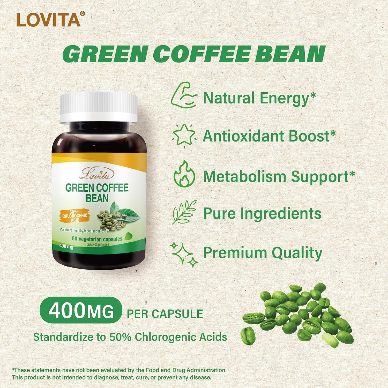 LOVITA Green Coffee Bean Extract, Standardized to 50% Chlorogenic Acids, 4:1 Concentrated for Metabolism, Natural Antioxidant & Size-Reduction Support, Plant-Based, 60 Vegan Capsules