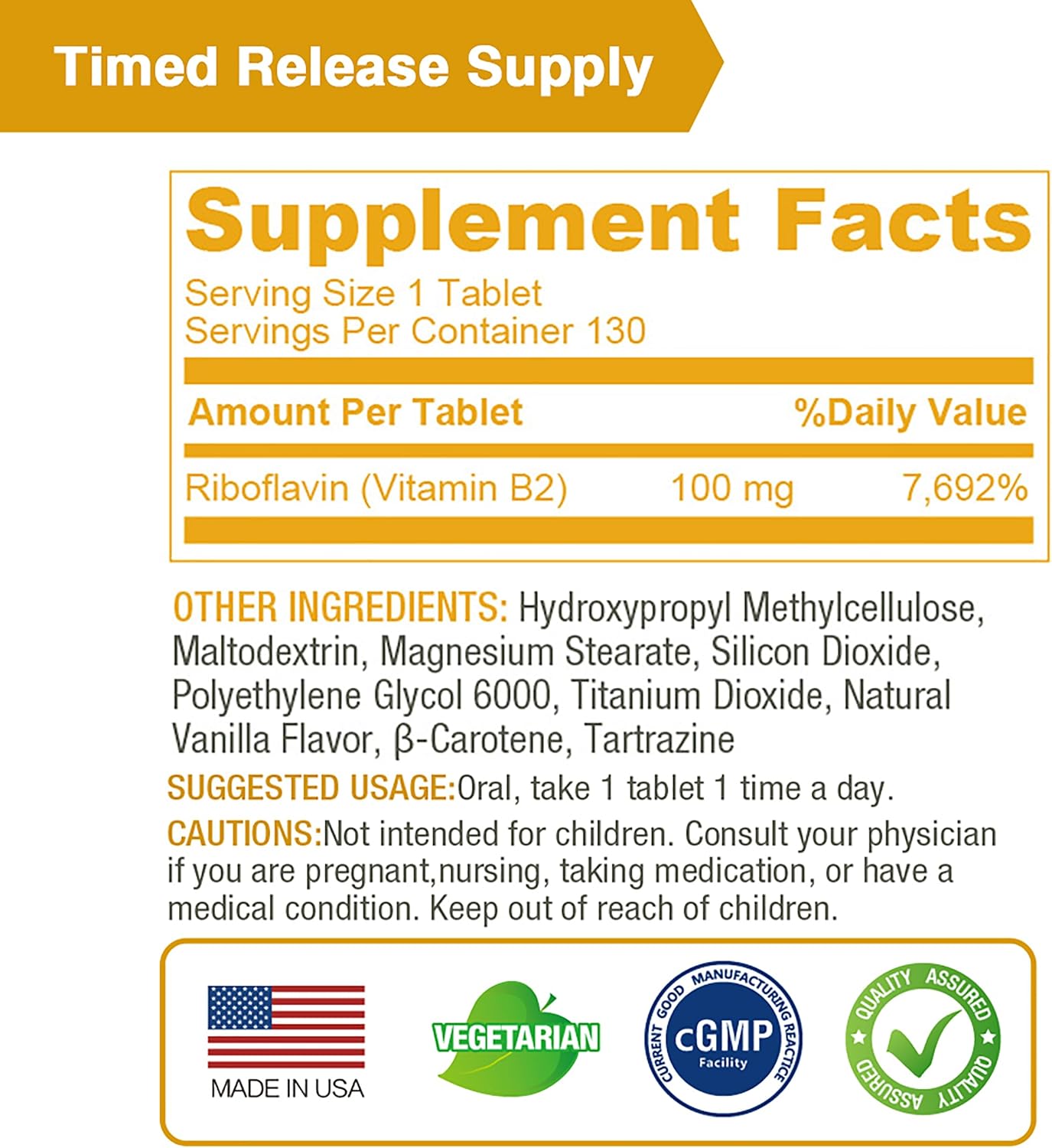 LOVITA Vitamin B2 (Riboflavin) 100mg, Timed Release, 8 Hours Sustained, Support Metabolism & Nerve Health, 130 Vegan Tablet