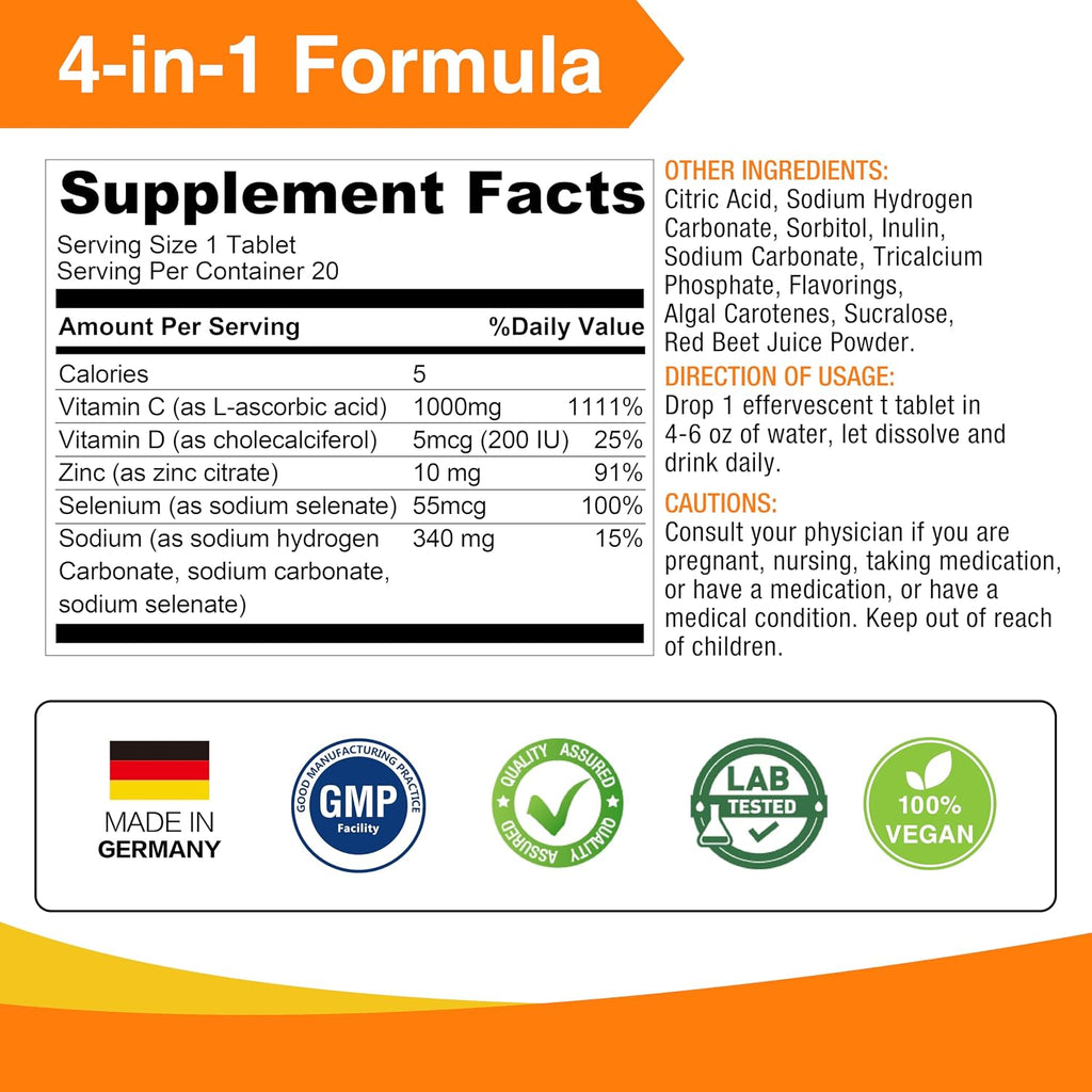 LOVITA 4-in-1 Defense Vitamin C Immune Support Effervescent Tablets 20 Count, VIT D3, Zinc, Selenium, Antioxidant Support, Orange Flavor, Vegan, Gluten-Free, Sugar-Free, Lactose-Free