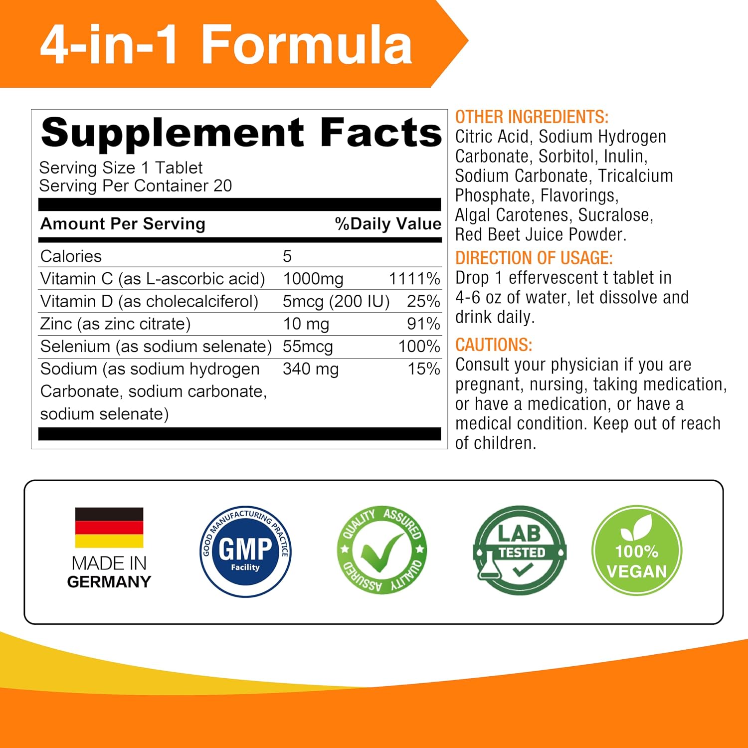 LOVITA 4-in-1 Defense Vitamin C Immune Support Effervescent Tablets 20 Count, VIT D3, Zinc, Selenium, Antioxidant Support, Orange Flavor, Vegan, Gluten-Free, Sugar-Free, Lactose-Free