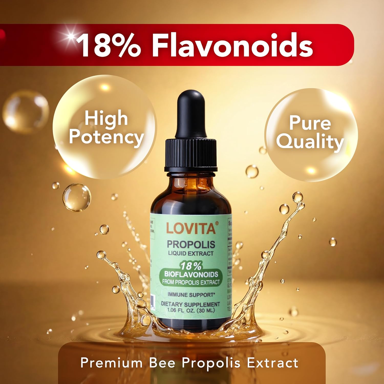 LOVITA Bee Propolis Liquid Extract, 1 Fl Oz (30 mL), 30 Day Supply | 5:1 Resin Drops with 18% Bioflavonoids, Alcohol-Free Antioxidant, Immune Support & Throat Soothing, Gluten-Free, Non-GMO