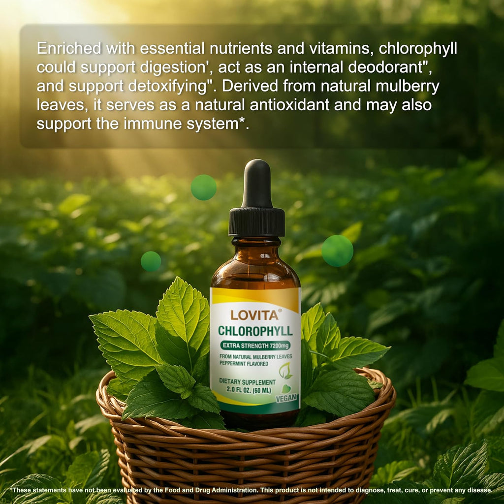LOVITA Chlorophyll Liquid Drops, High Potency 120 mg/mL, 7,200 mg per Bottle, Natural Energy Booster & Immune Support, Internal Deodorant, Skin Health, Vegan & Non-GMO, Mint Flavor, 60 Servings 2 Oz