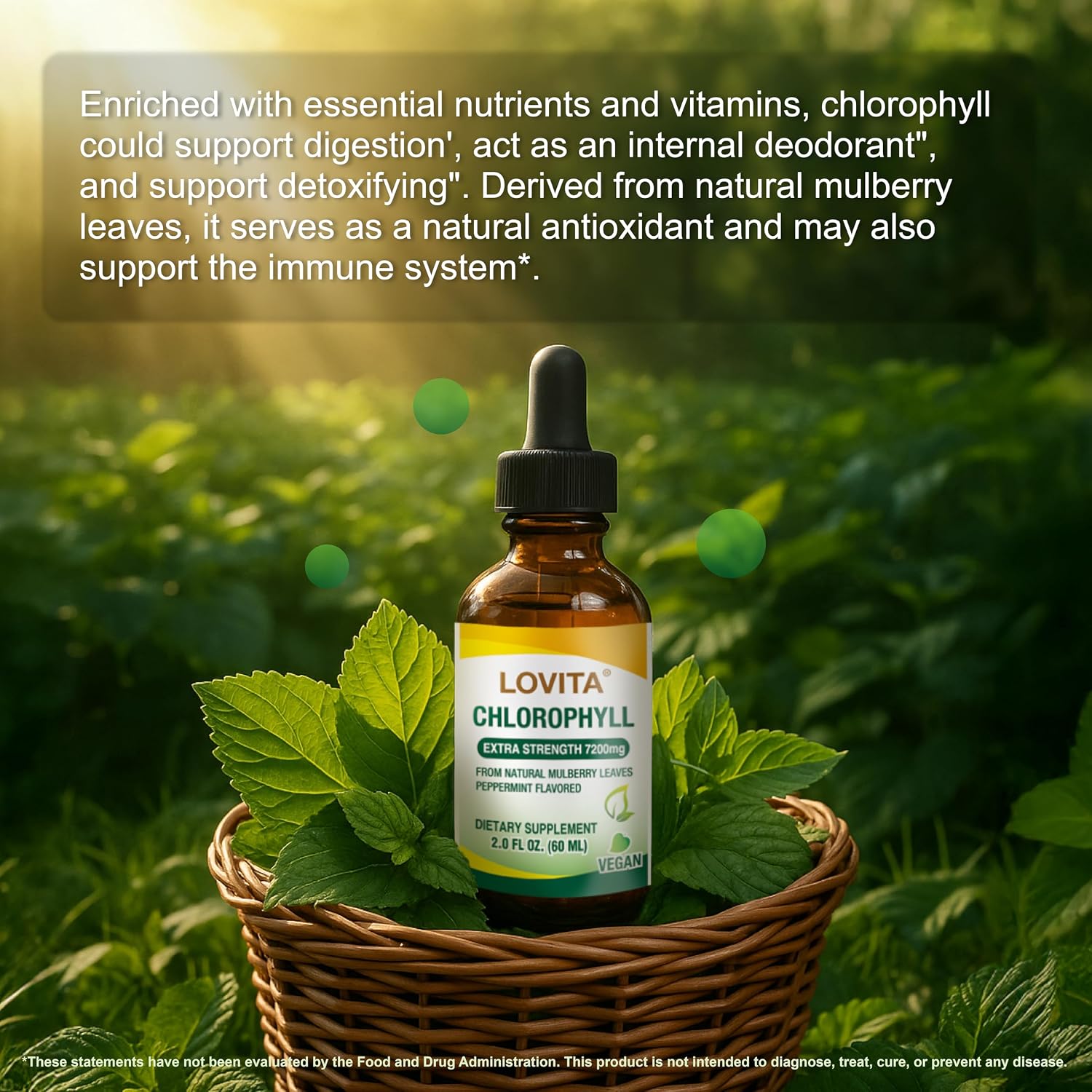 LOVITA Chlorophyll Liquid Drops, High Potency 120 mg/mL, 7,200 mg per Bottle, Natural Energy Booster & Immune Support, Internal Deodorant, Skin Health, Vegan & Non-GMO, Mint Flavor, 60 Servings 2 Oz
