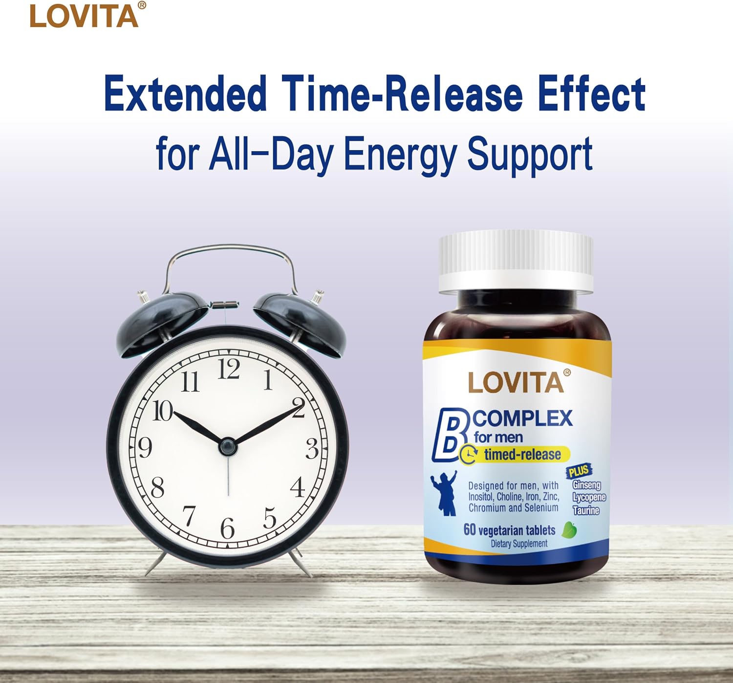 LOVITA Timed-Release B Complex for Men | 8-Hour Energy & Nutrient Metabolism Support with 10 Vitamin Bs, Vegetarian Tablets (60 Count)