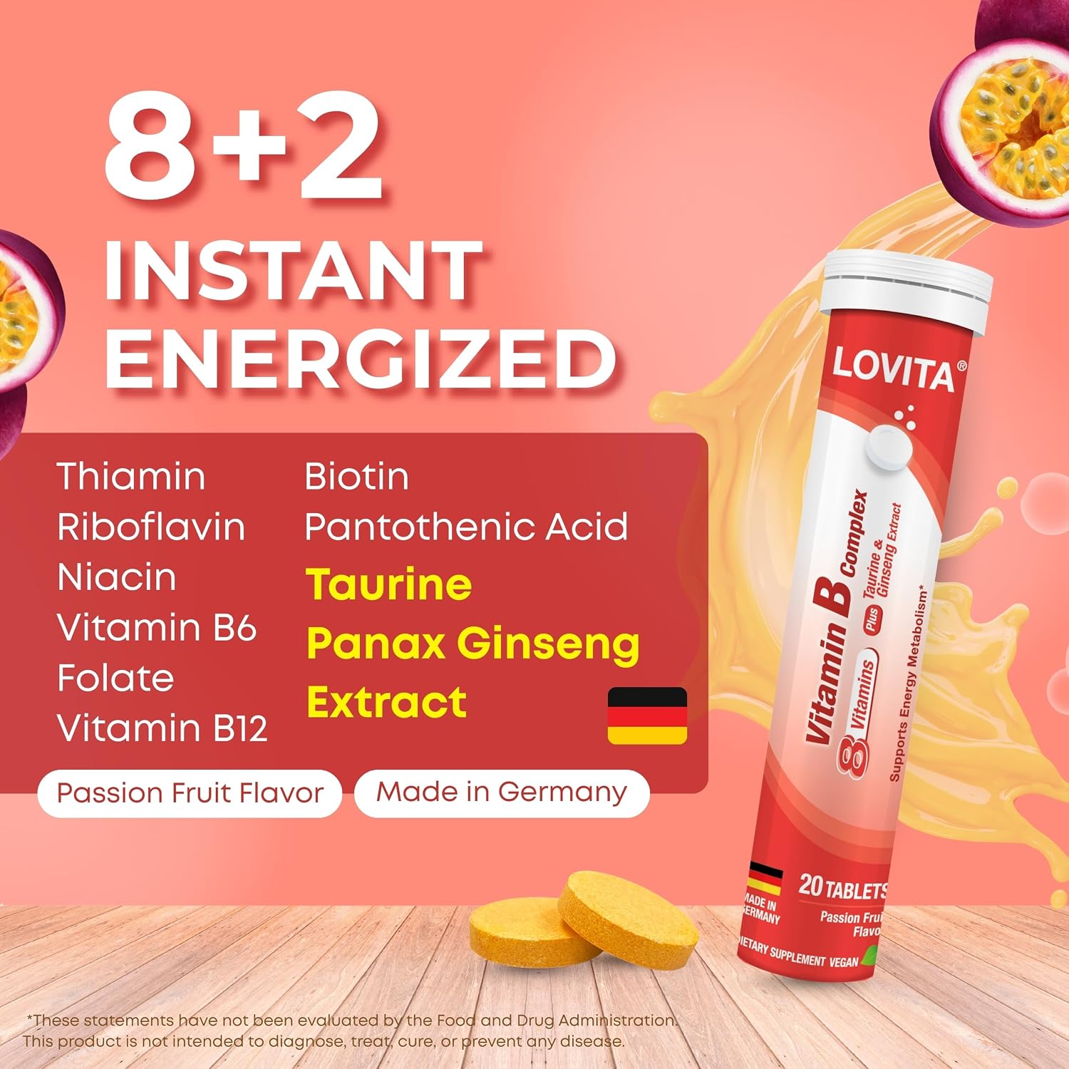 LOVITA Vitamin B Complex Effervescent Tablets 20 Count, Plus Taurine & Ginseng Extract, Supports Energy Metabolism, Passion Fruit Flavor, Vegan, Gluten-Free, Sugar-Free, Caffeine-Free